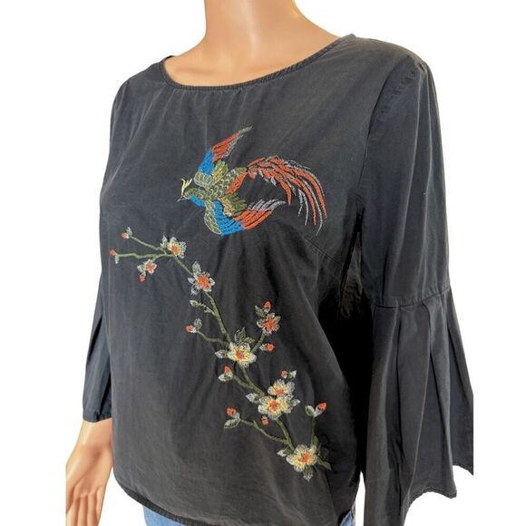 Jealous Tomato Washed Black Bell Sleeve Embroidered Boho Top Medium - Picture 4 of 6